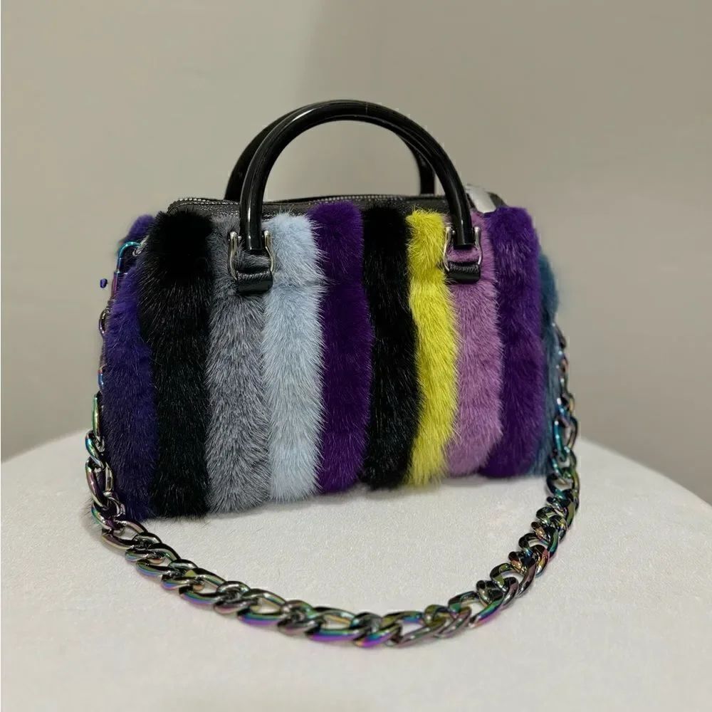 Multi Way Use Handmade Color-block Real Mink Fur Top Handles Satchel/Crossbody - Picture 5 of 16